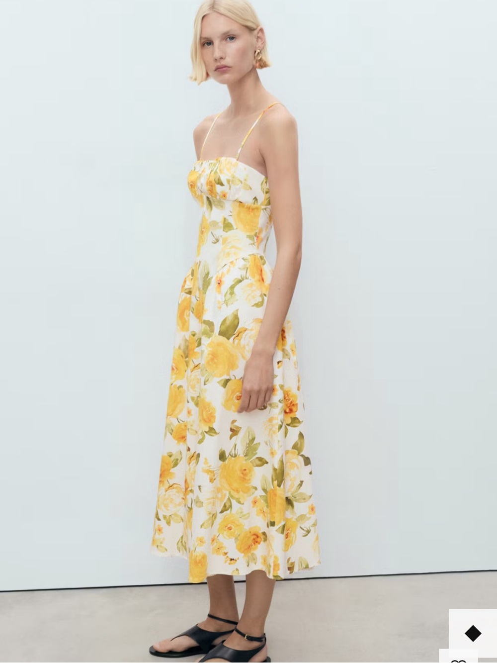 MANGO Yellow Floral Strapless Midi Dress with Gathered Neckline